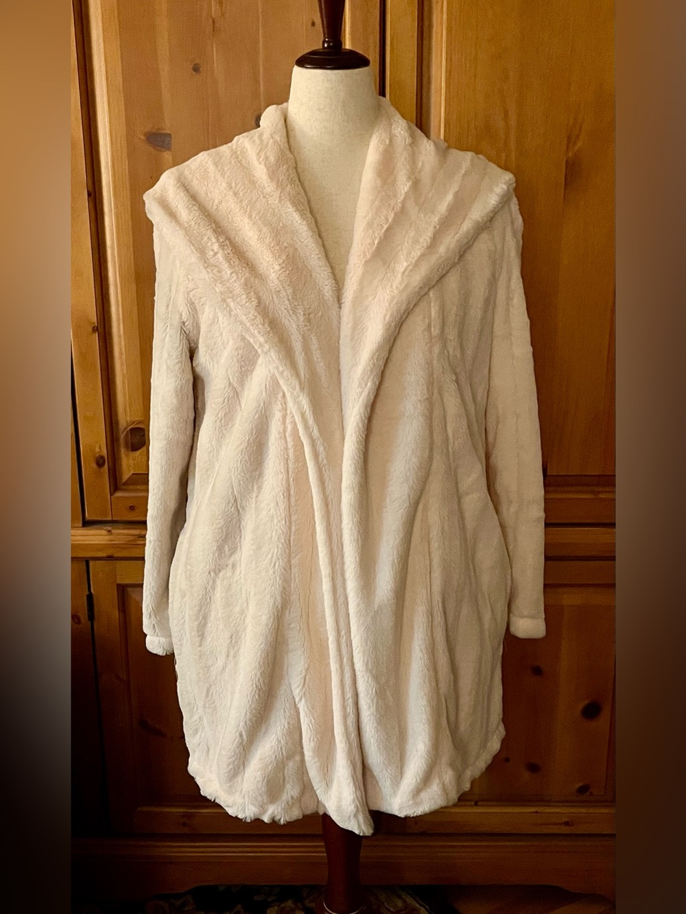 Plush Hooded Coatigan, Cream and Blush Undertones. Lined with Pockets, Large